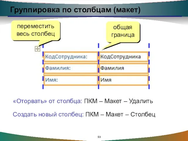 Группировка по столбцам (макет) общая граница переместить весь столбец «Оторвать»