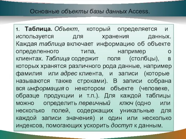 Основные объекты базы данных Access. 1. Таблица. Объект, который определяется