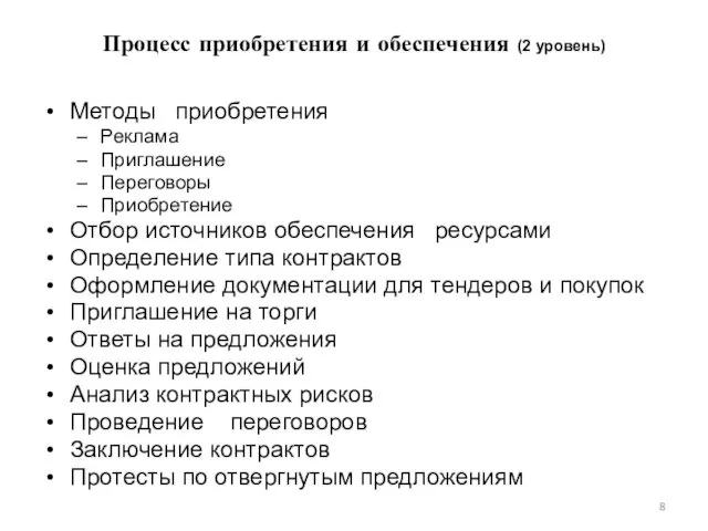 Процесс приобретения и обеспечения (2 уровень) Методы приобретения Реклама Приглашение