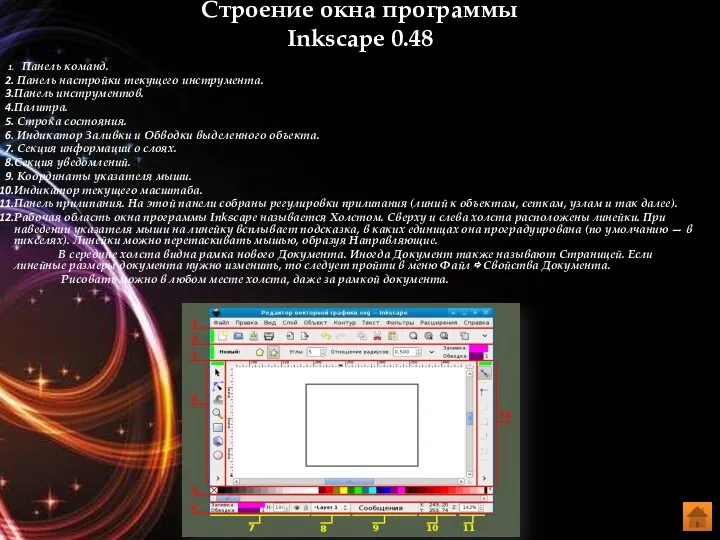 Строение окна программы Inkscape 0.48 Впервые запустив программу Inkscape, вы