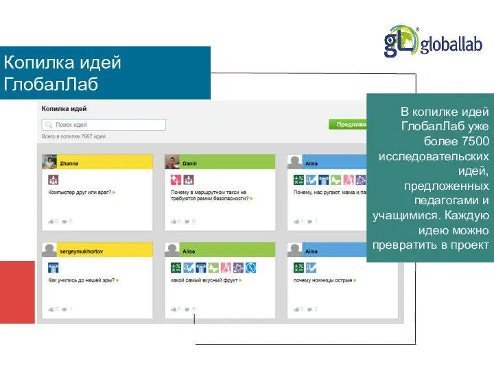 Копилка идей ГлобалЛаб В копилке идей ГлобалЛаб уже более 7500