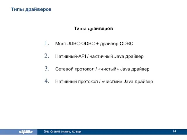 Типы драйверов Типы драйверов Мост JDBC-ODBC + драйвер ODBC Нативный-API
