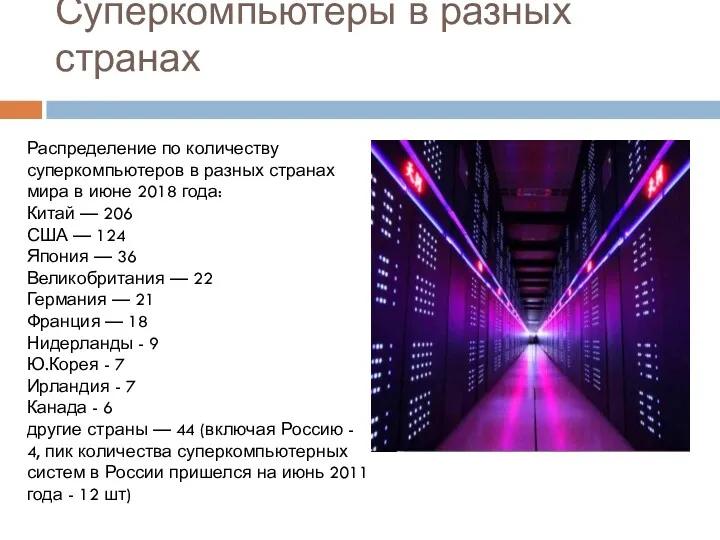 Суперкомпьютеры в разных странах Распределение по количеству суперкомпьютеров в разных