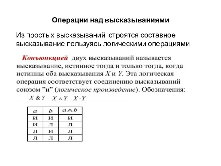 Операции над высказываниями Из простых высказываний строятся составное высказывание пользуясь логическими операциями