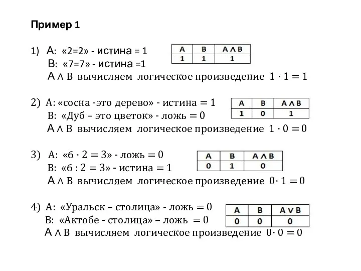 Пример 1 1) А: «2=2» - истина = 1 В: