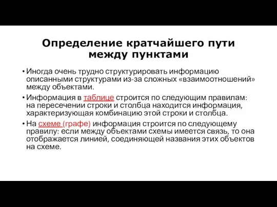 Определение кратчайшего пути между пунктами Иногда очень трудно структурировать информацию