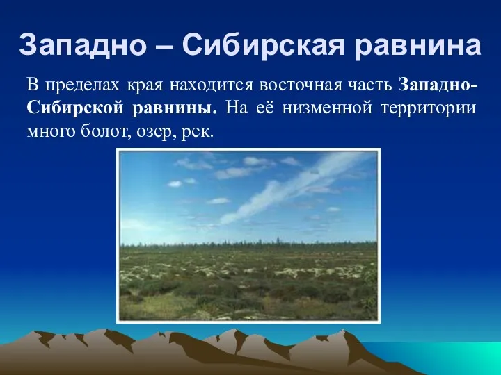 Западно – Сибирская равнина В пределах края находится восточная часть