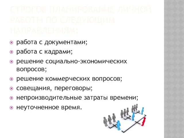 СТРОГОЕ ПЛАНИРОВАНИЕ ЛИЧНОЙ РАБОТЫ ПО СЛЕДУЮЩИМ НАПРАВЛЕНИЯМ: работа с документами;