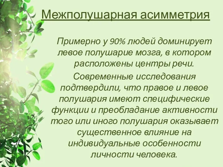 Межполушарная асимметрия Примерно у 90% людей доминирует левое полушарие мозга,