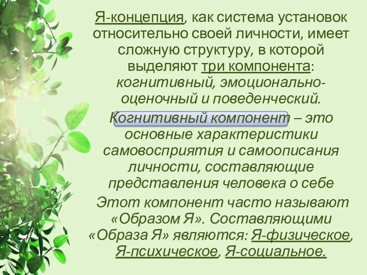 Я-концепция, как система установок относительно своей личности, имеет сложную структуру,