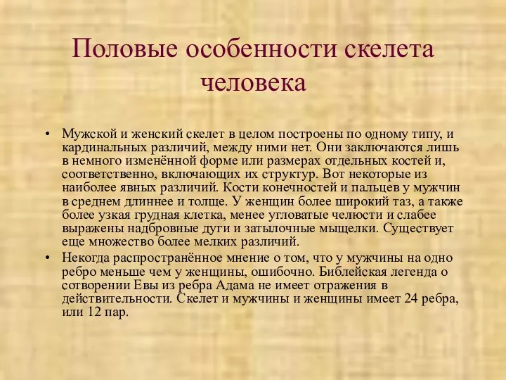 Половые особенности скелета человека Мужской и женский скелет в целом