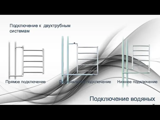 Подключение водяных полотенцесушителей Прямое подключение Нижнее подключение Диагональное подключение Подключение к двухтрубным системам