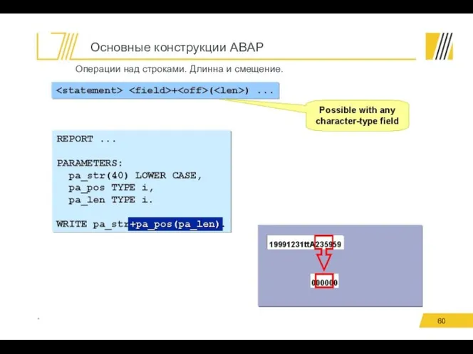 Основные конструкции ABAP * Операции над строками. Длинна и смещение.
