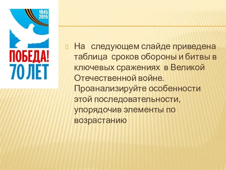 На следующем слайде приведена таблица сроков обороны и битвы в