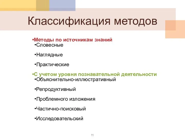 Классификация методов Методы по источникам знаний Словесные Наглядные Практические С