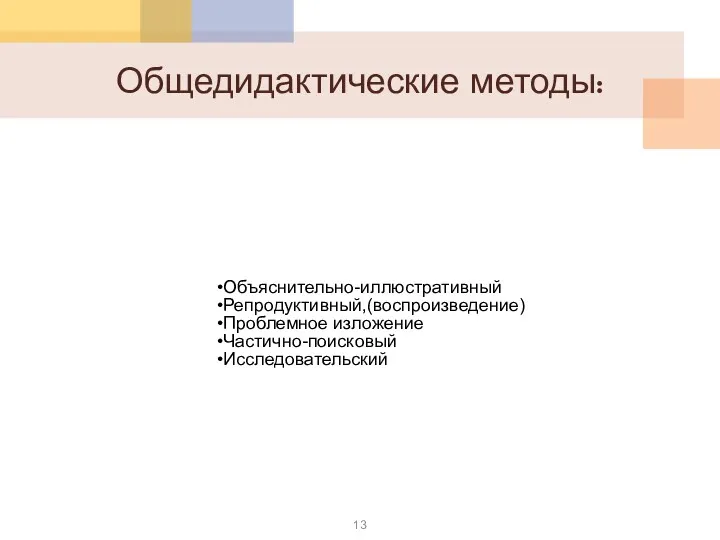 Общедидактические методы: Объяснительно-иллюстративный Репродуктивный,(воспроизведение) Проблемное изложение Частично-поисковый Исследовательский