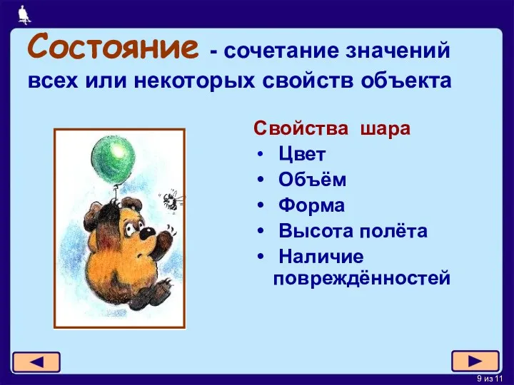 Состояние - сочетание значений всех или некоторых свойств объекта Свойства