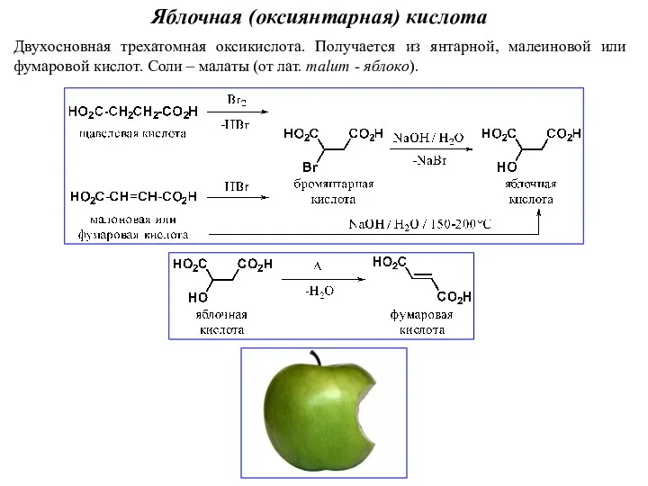 Яблочная (оксиянтарная) кислота Двухосновная трехатомная оксикислота. Получается из янтарной, малеиновой или фумаровой кислот.