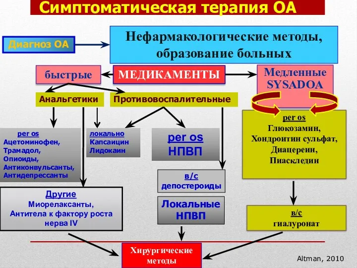 Симптоматическая терапия ОА Диагноз ОА Нефармакологические методы, образование больных быстрые