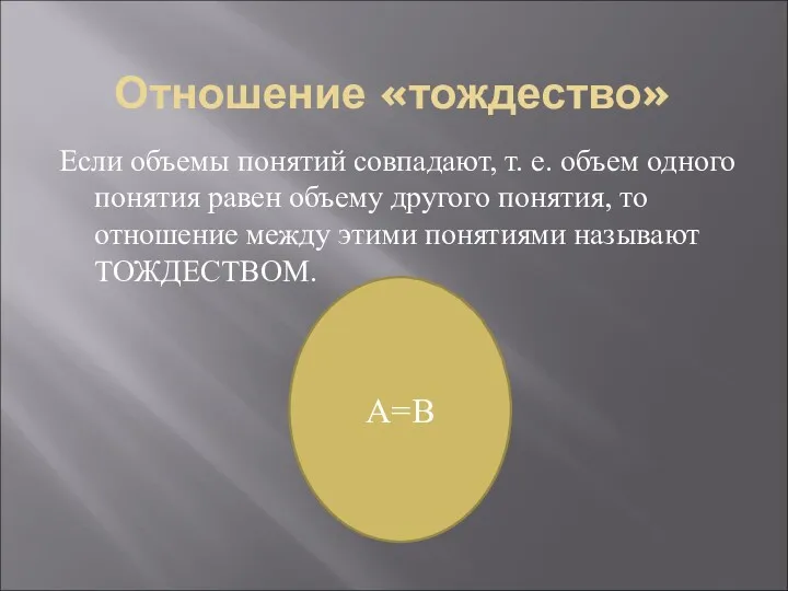 Отношение «тождество» Если объемы понятий совпадают, т. е. объем одного