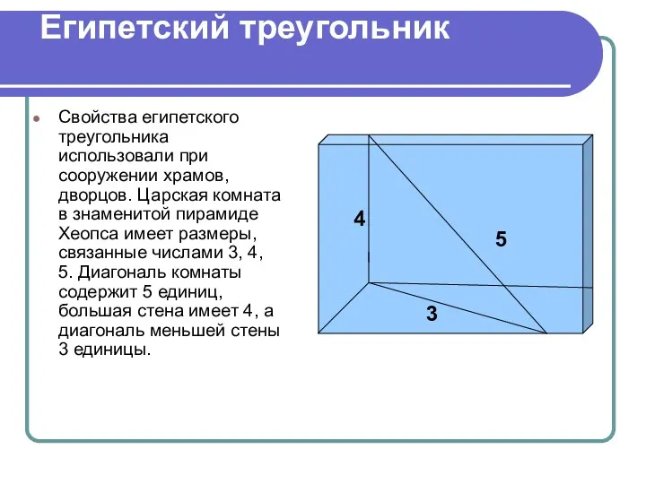 Свойства египетского треугольника использовали при сооружении храмов, дворцов. Царская комната