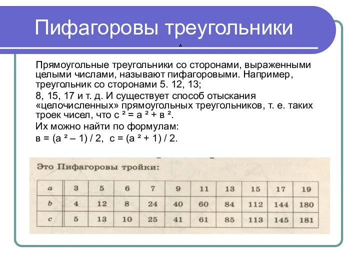 Пифагоровы треугольники . Прямоугольные треугольники со сторонами, выраженными целыми числами,