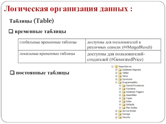 Логическая организация данных : Таблицы (Table) временные таблицы постоянные таблицы