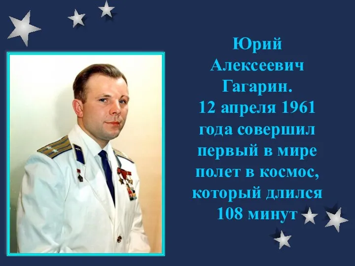 Юрий Алексеевич Гагарин. 12 апреля 1961 года совершил первый в