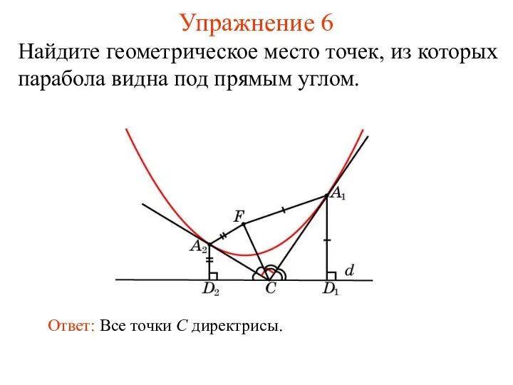 Упражнение 6 Найдите геометрическое место точек, из которых парабола видна под прямым углом.