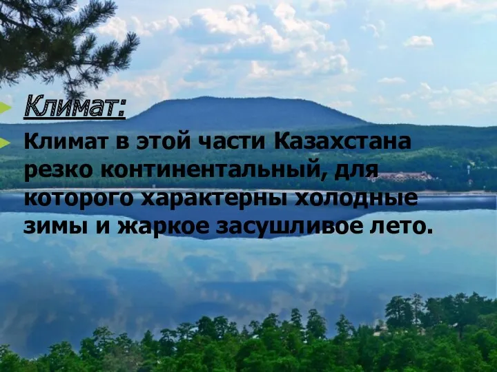 Климат: Климат в этой части Казахстана резко континентальный, для которого