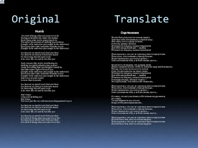 Original Translate Numb I'm tired of being what you want me to be