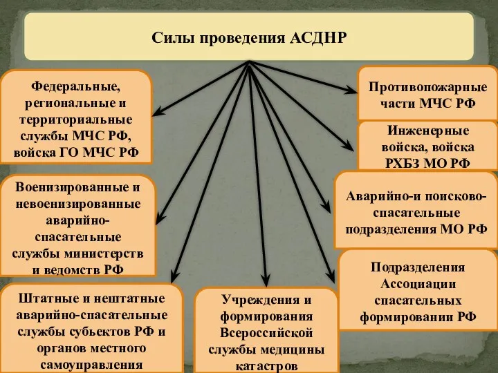 Силы проведения АСДНР Федеральные, региональные и территориальные службы МЧС РФ,