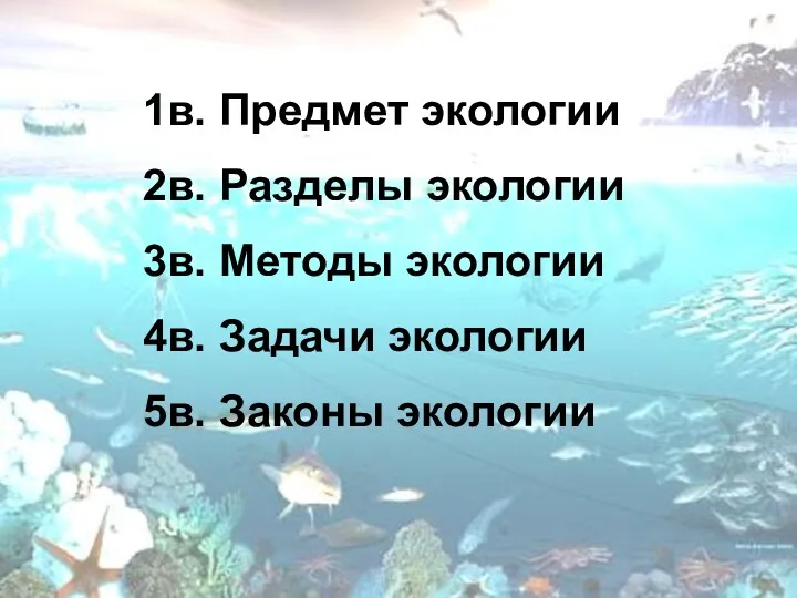 1в. Предмет экологии 2в. Разделы экологии 3в. Методы экологии 4в. Задачи экологии 5в. Законы экологии