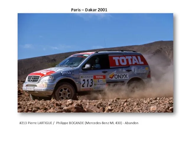 Paris – Dakar 2001 #213 Pierre LARTIGUE / Philippe BOCANDE (Mercedes-Benz ML 430) - Abandon