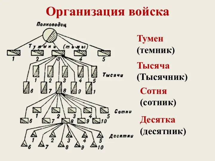 Организация войска Тумен (темник) Тысяча (Тысячник) Сотня (сотник) Десятка (десятник)