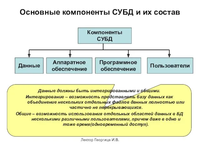 Лектор Георгица И.В. Основные компоненты СУБД и их состав Компоненты