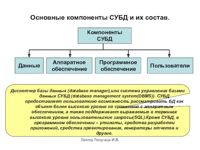 Лектор Георгица И.В. Основные компоненты СУБД и их состав. Компоненты