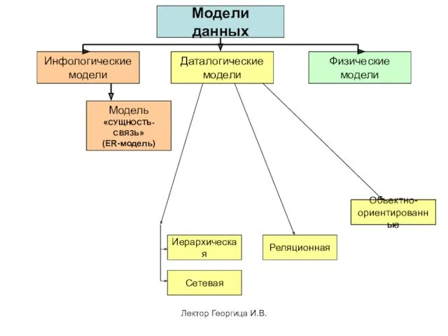 Лектор Георгица И.В. Модели данных Инфологические модели Даталогические модели Физические