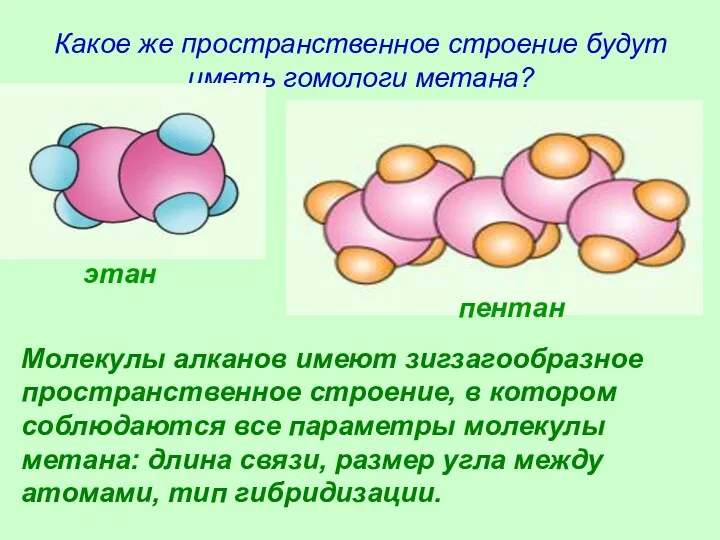 Какое же пространственное строение будут иметь гомологи метана? Молекулы алканов