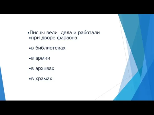 Писцы вели дела и работали при дворе фараона в библиотеках в армии в архивах в храмах