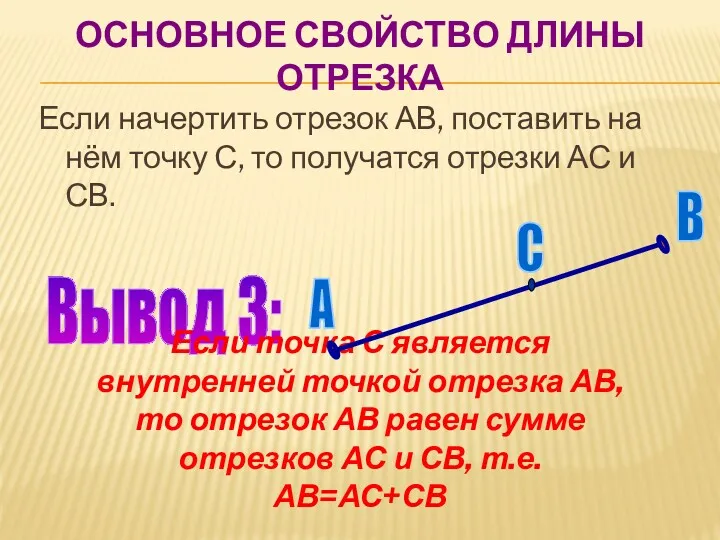 ОСНОВНОЕ СВОЙСТВО ДЛИНЫ ОТРЕЗКА Если начертить отрезок АВ, поставить на