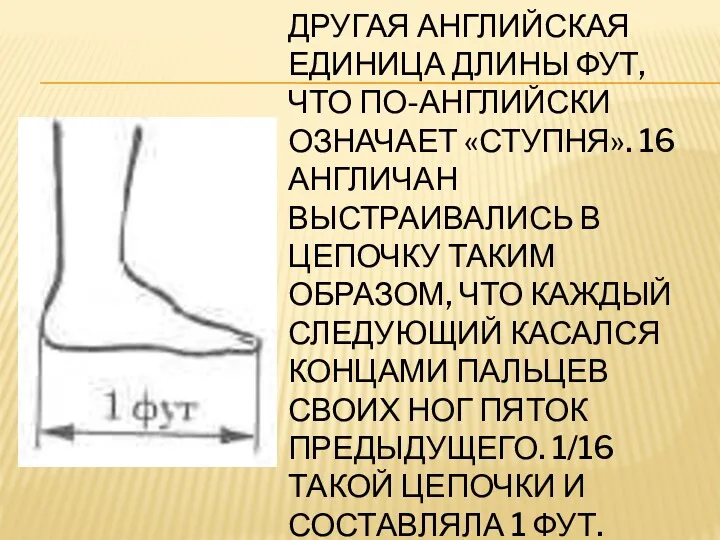 ДРУГАЯ АНГЛИЙСКАЯ ЕДИНИЦА ДЛИНЫ ФУТ, ЧТО ПО-АНГЛИЙСКИ ОЗНАЧАЕТ «СТУПНЯ». 16