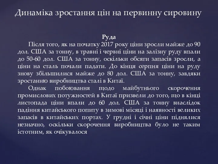 Динаміка зростання цін на первинну сировину Руда Після того, як