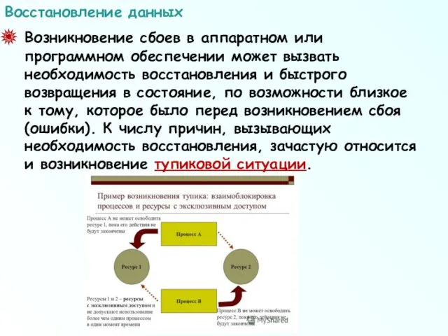 Возникновение сбоев в аппаратном или программном обеспечении может вызвать необходимость восстановления и быстрого