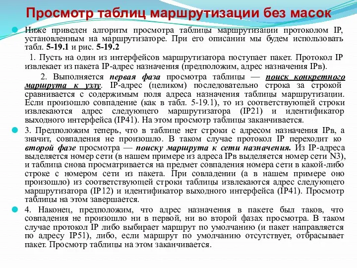 Просмотр таблиц маршрутизации без масок Ниже приведен алгоритм просмотра таблицы