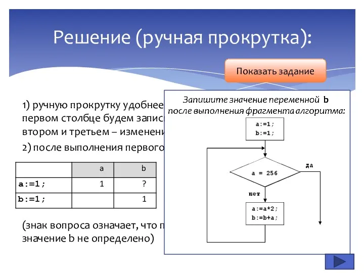 1) ручную прокрутку удобнее всего выполнять в виде таблицы, в