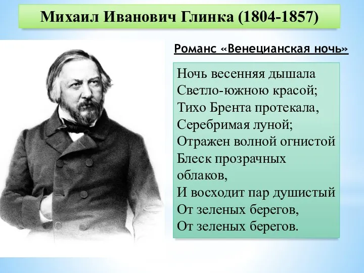 Михаил Иванович Глинка (1804-1857) Романс «Венецианская ночь» Ночь весенняя дышала