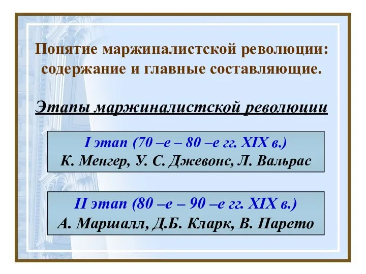 Понятие маржиналистской революции: содержание и главные составляющие. Этапы маржиналистской революции