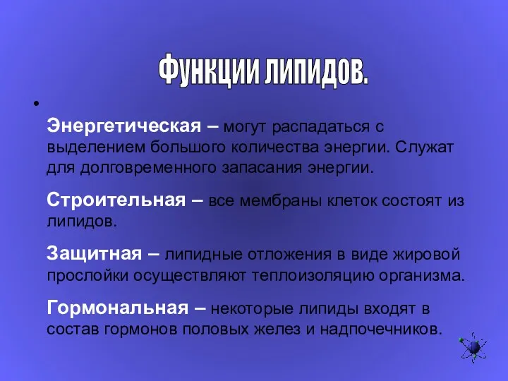 Функции липидов. Энергетическая – могут распадаться с выделением большого количества