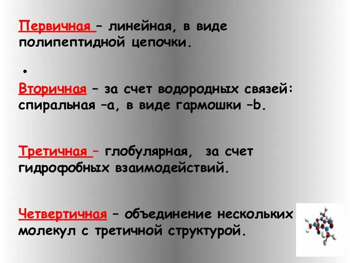 Первичная – линейная, в виде полипептидной цепочки. Вторичная – за